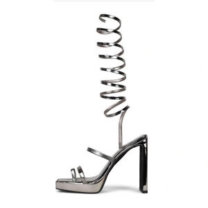 New Jeffrey Campbell silver pewter mirror finish coil slinky strappy heel sandal